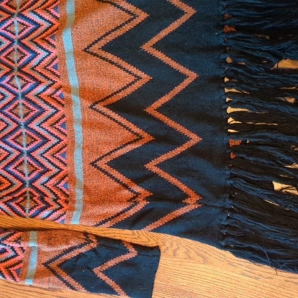 colorful tribal knit fringe Bohemian Festival long open duster/cardigan sz M - Picture 7 of 14